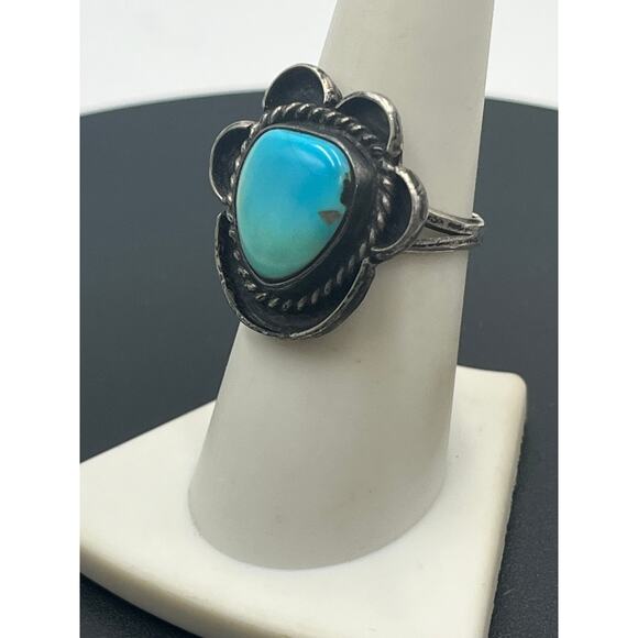 Old Pawn Native American Navajo Sleeping Beauty Turquoise Sterling Ring sz 7.25 - Picture 3 of 8
